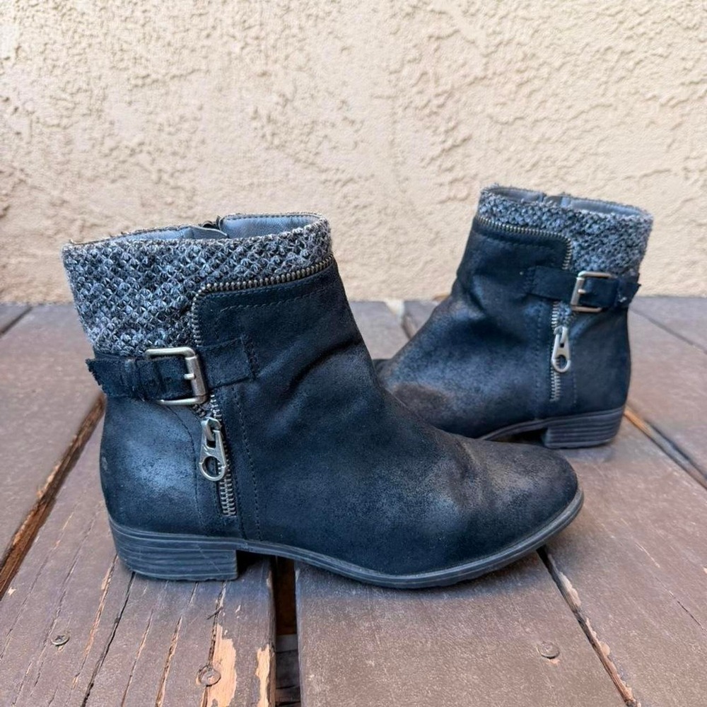 black suede ankle boots with silver hardware